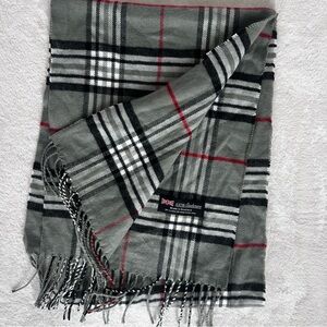 100% Cashmere scarf made in Scotland 12 x 64 Gray White Black Red plaid